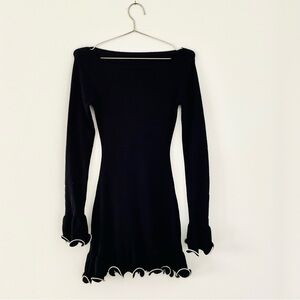Gorgeous Black Knit Dress Elegant With White Trim Ruffled Mini Dress Flamenco